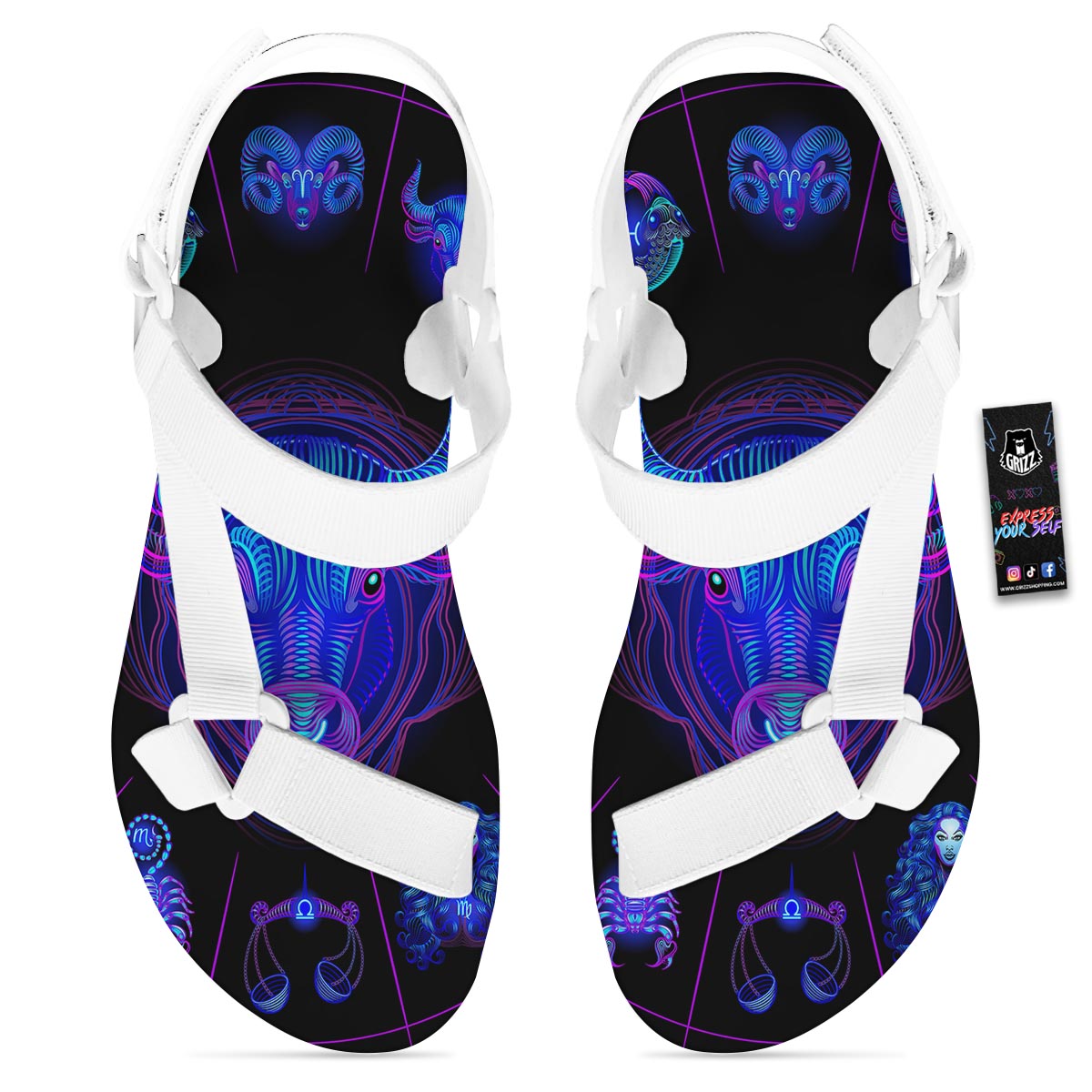 Signs Astrological And Taurus Print White Open Toe Sandals-grizzshop