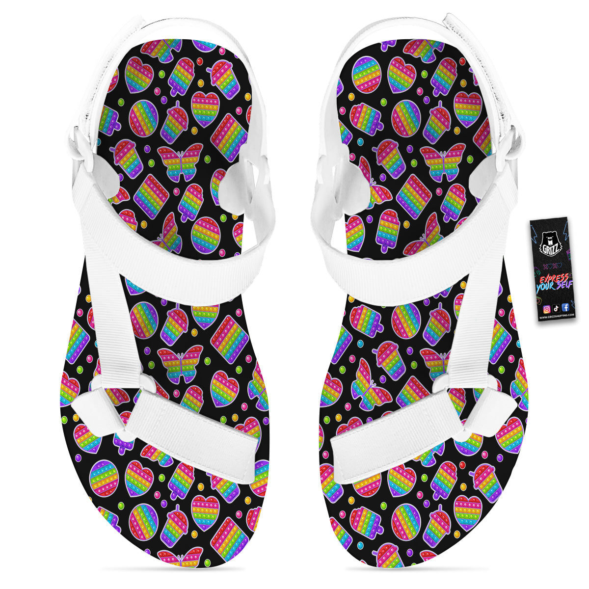Silicone Bubbles Pop it Colorful Print Pattern White Open Toe Sandals-grizzshop