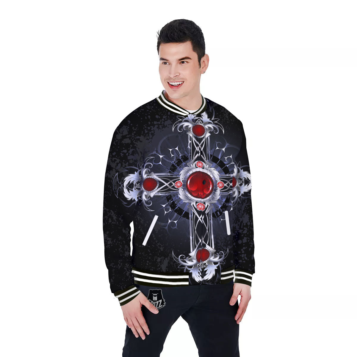 Silver Cross Ornamental Print Baseball Jacket-grizzshop