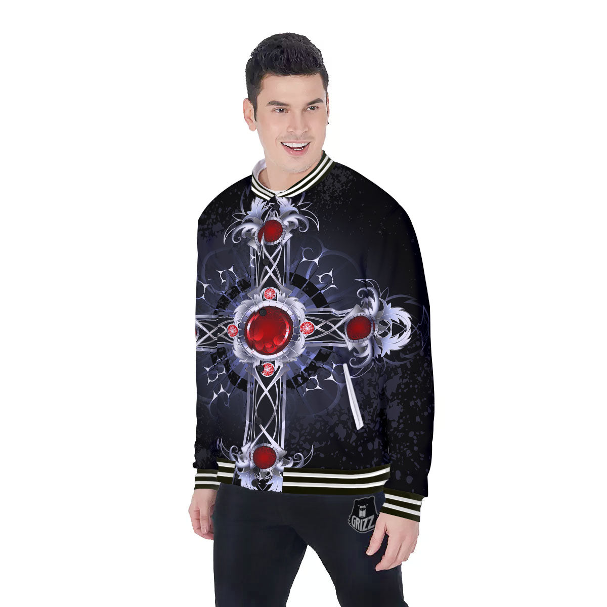 Silver Cross Ornamental Print Baseball Jacket-grizzshop