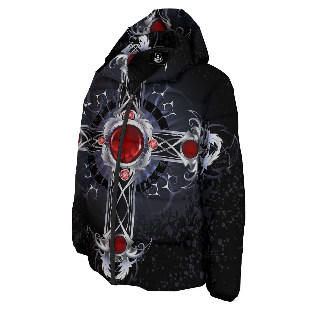Silver Cross Ornamental Print Down Jacket-grizzshop