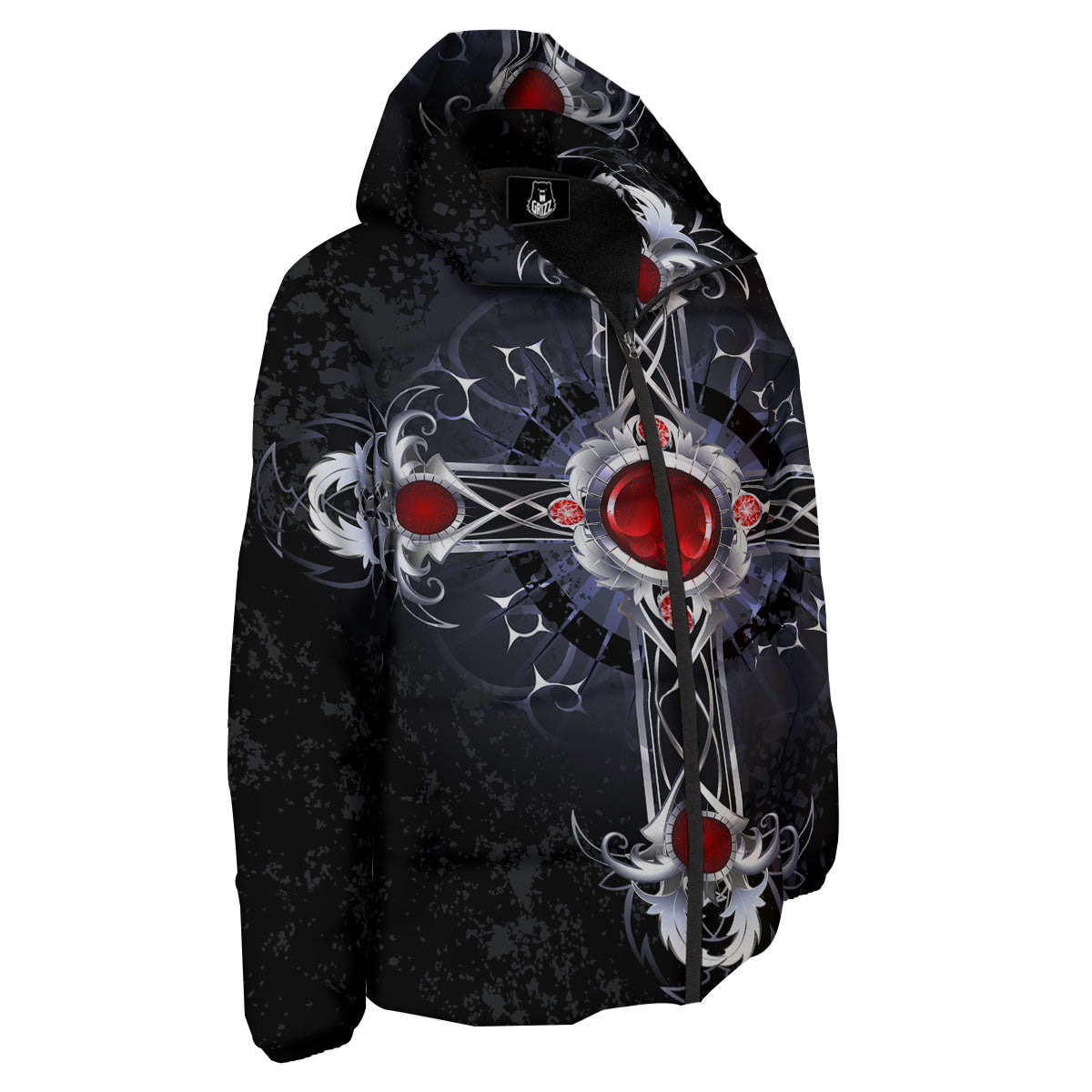 Silver Cross Ornamental Print Down Jacket-grizzshop