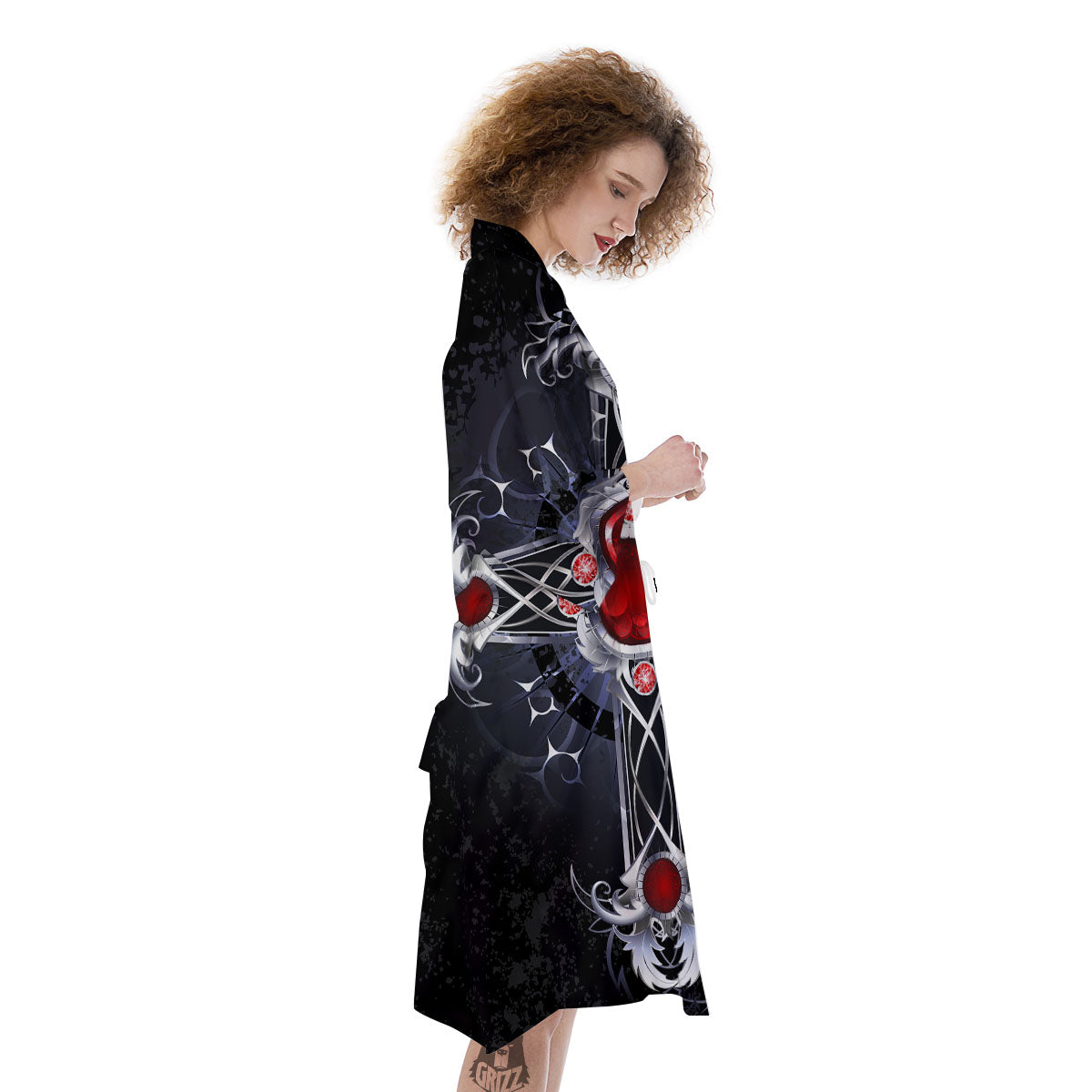 Silver Cross Ornamental Print Kimono-grizzshop