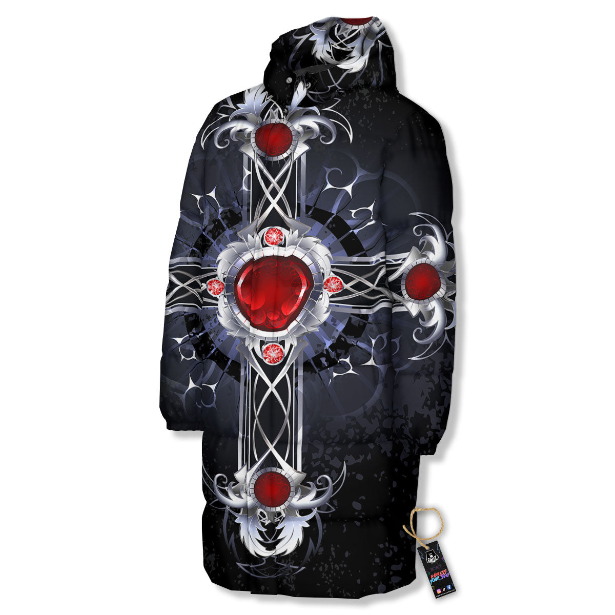 Silver Cross Ornamental Print Long Down Jacket-grizzshop