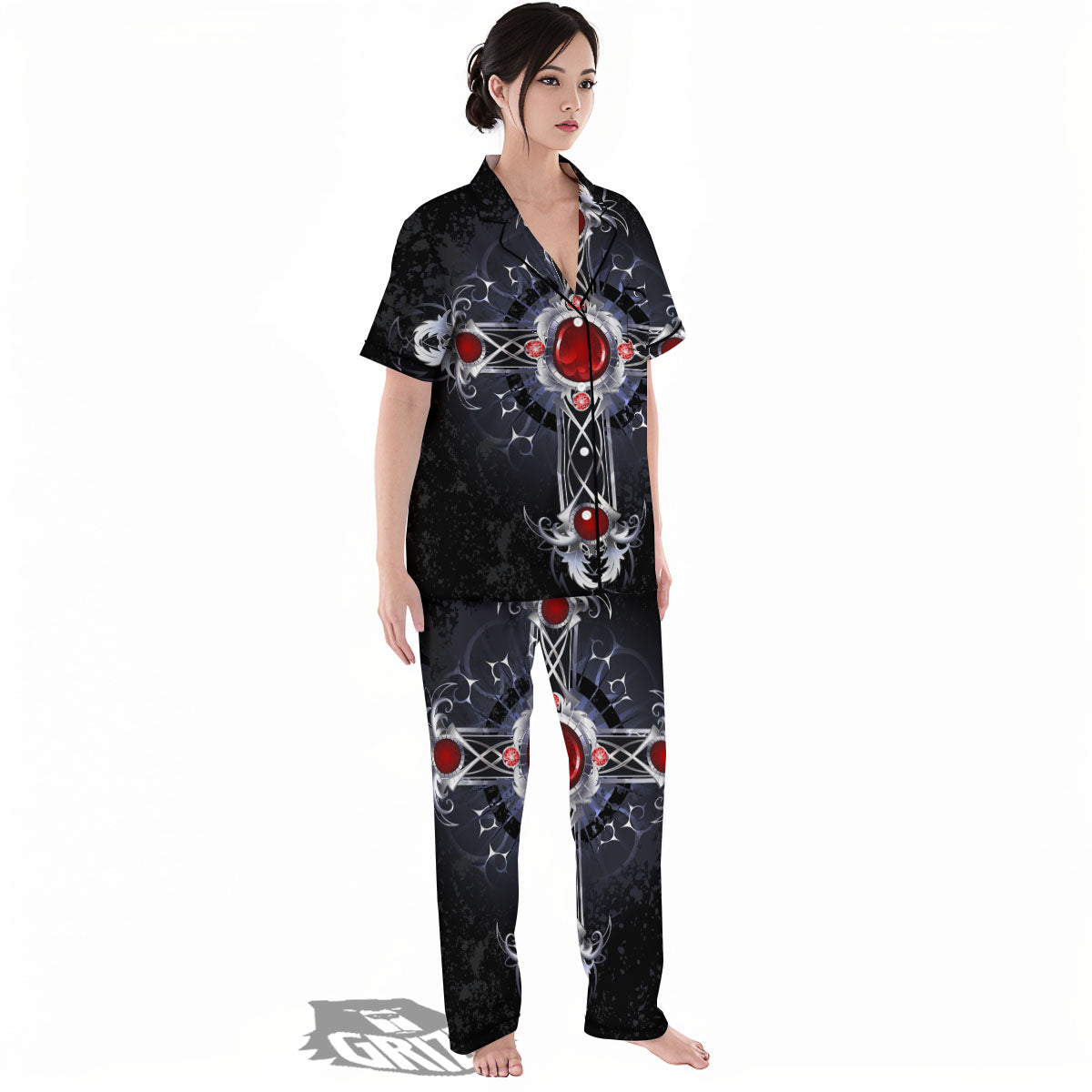 Silver Cross Ornamental Print Women's Pajamas Set-grizzshop