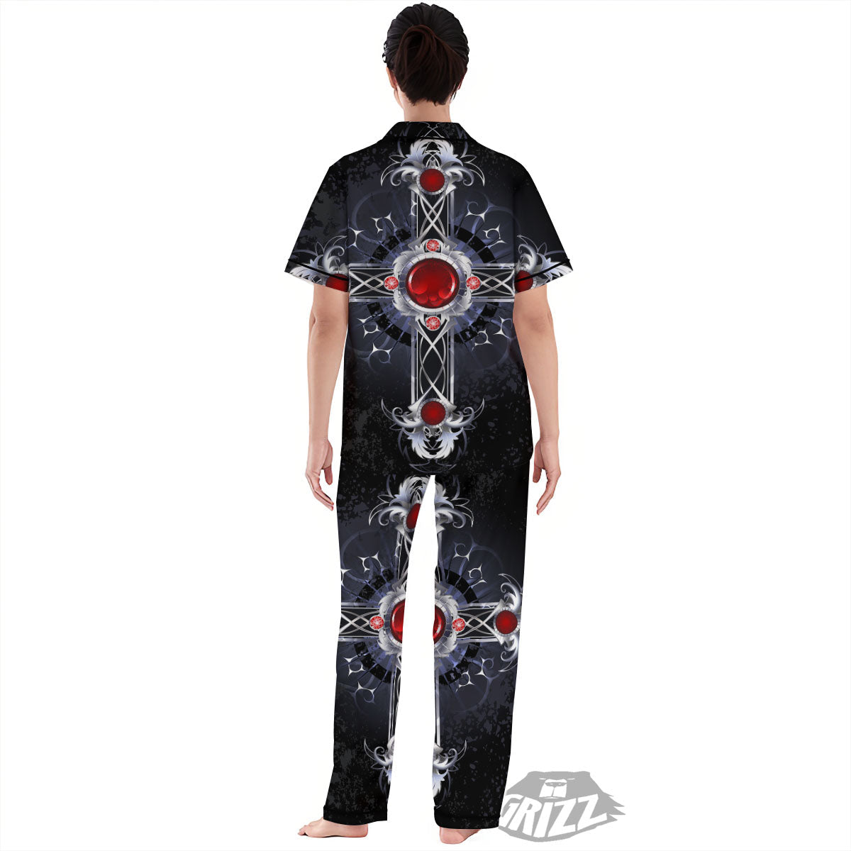 Silver Cross Ornamental Print Women's Pajamas Set-grizzshop