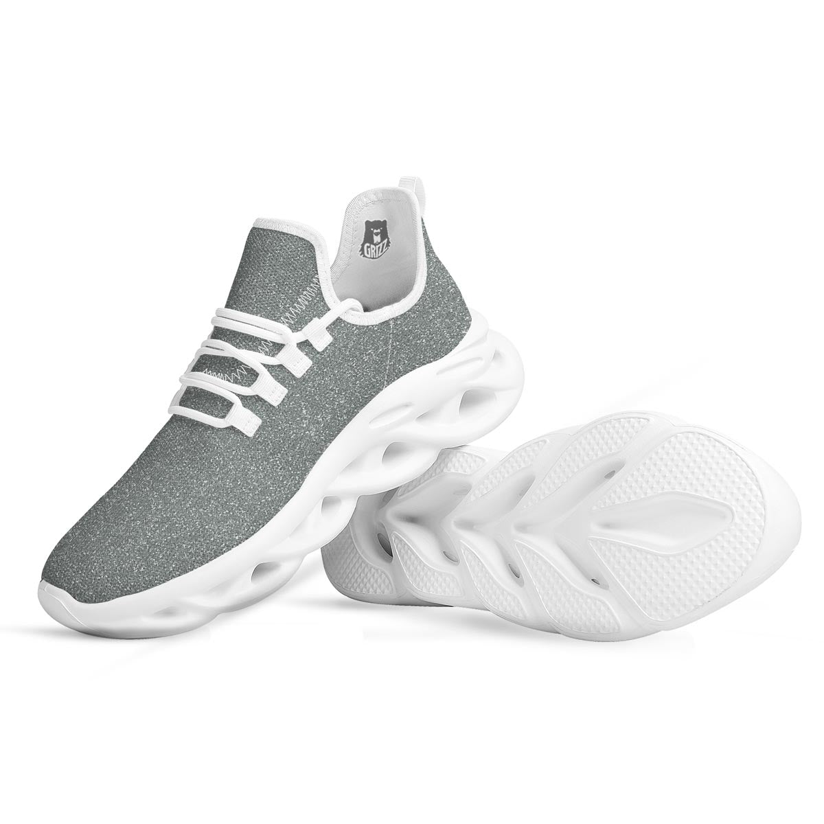 Silver Glitter Artwork Print White Running Shoes-grizzshop