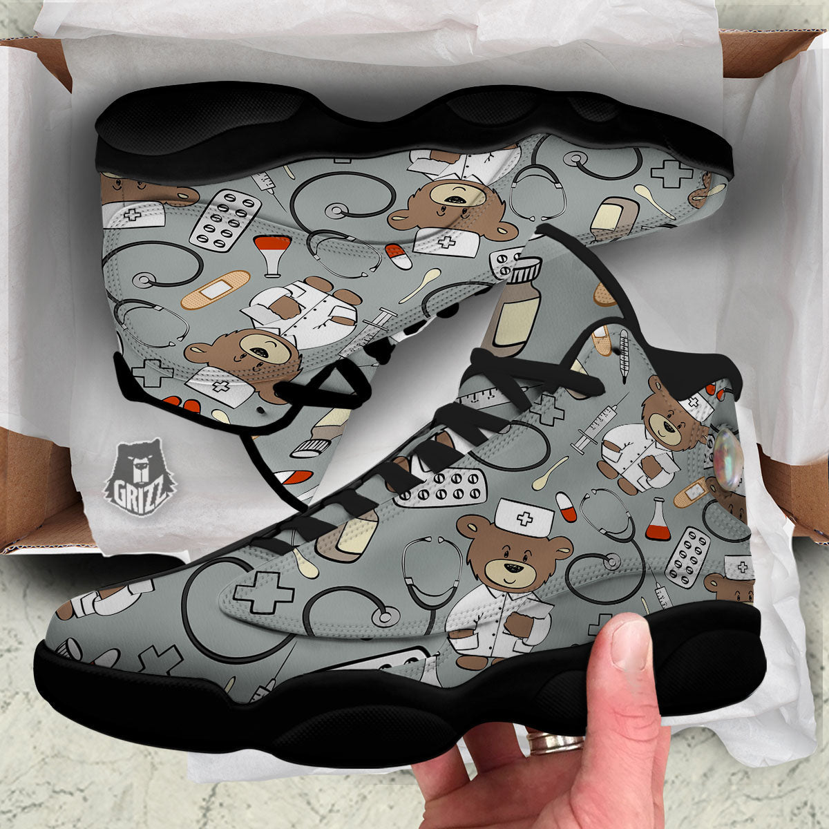 Silver Teddy Bear Nurse Black Basketball Shoes-grizzshop