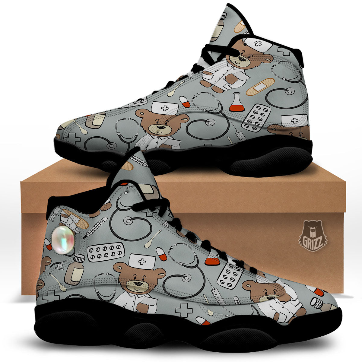 Silver Teddy Bear Nurse Black Basketball Shoes-grizzshop