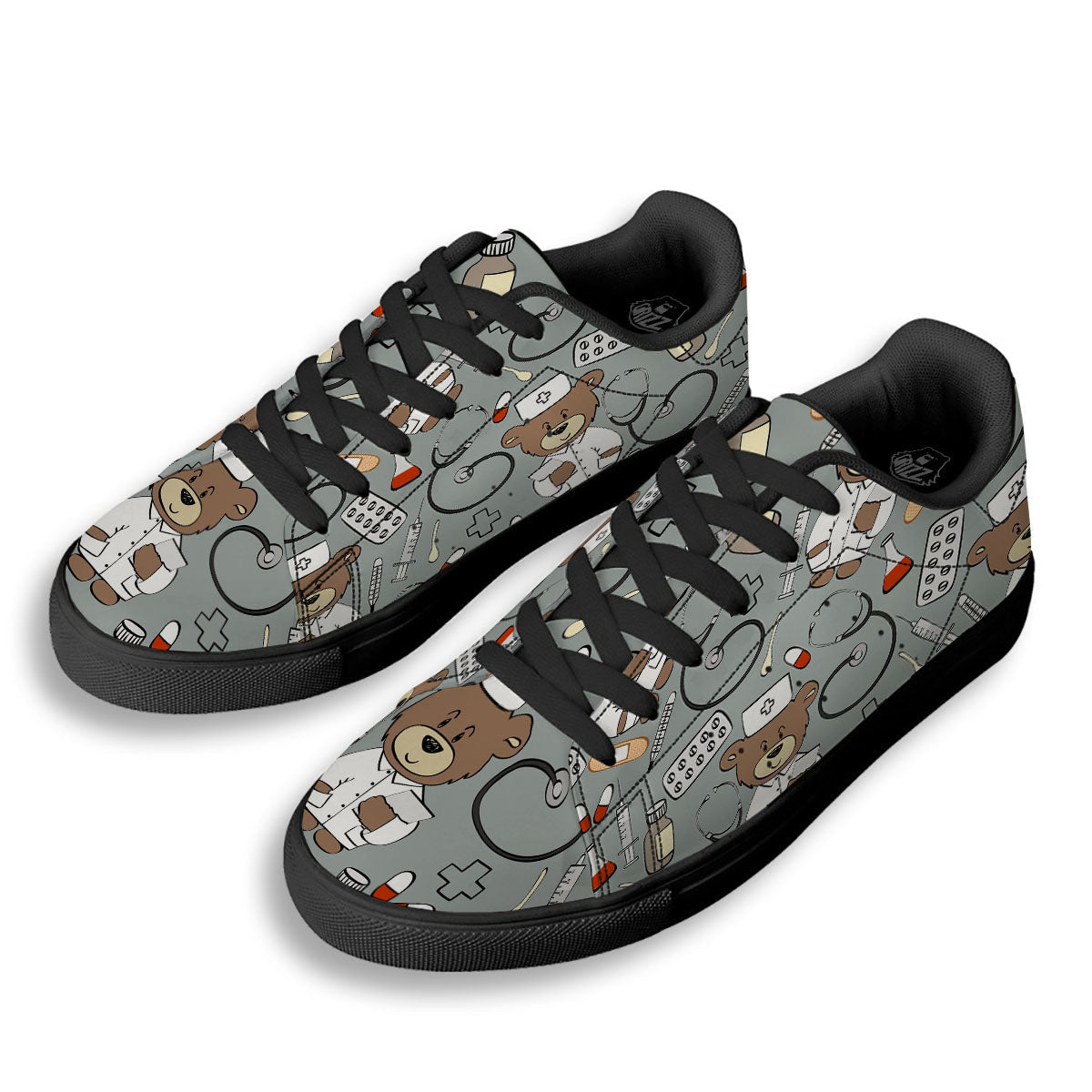 Silver Teddy Bear Nurse Black Low Top Sneakers-grizzshop