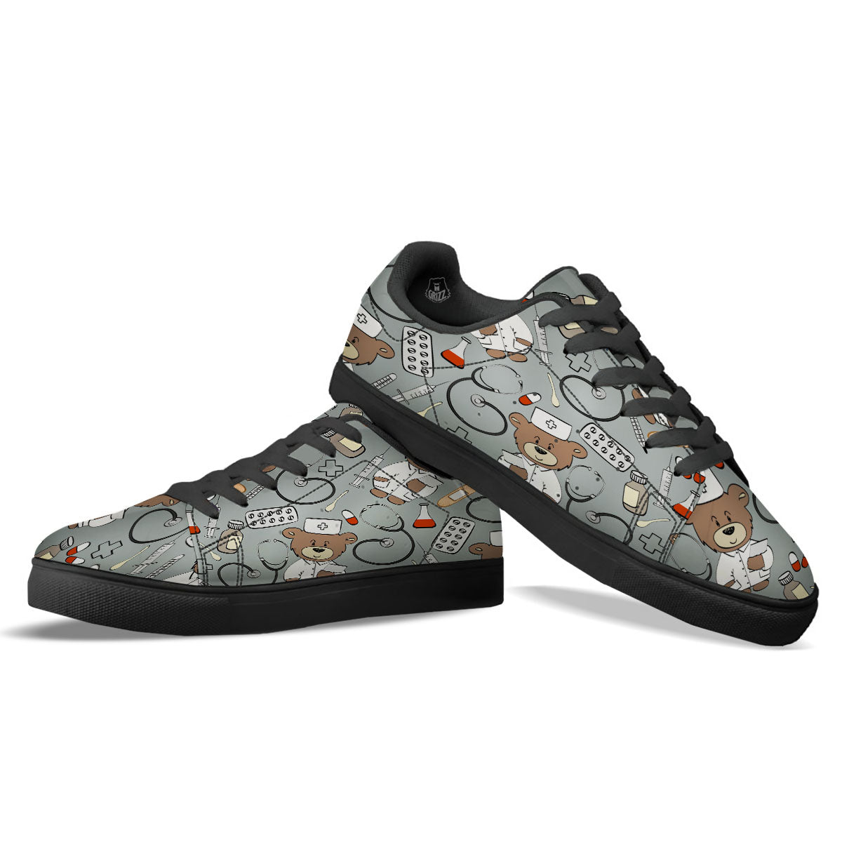 Silver Teddy Bear Nurse Black Low Top Sneakers-grizzshop