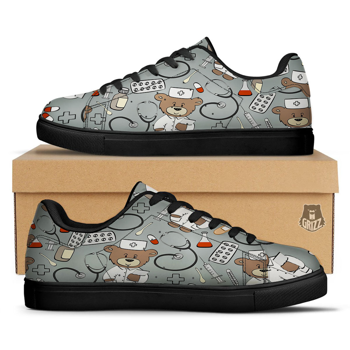Silver Teddy Bear Nurse Black Low Top Sneakers-grizzshop
