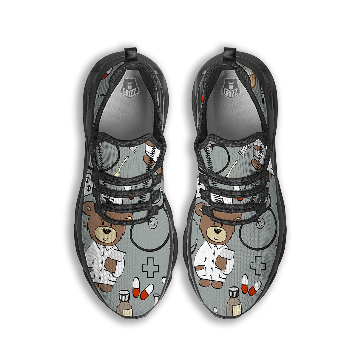 Silver Teddy Bear Nurse Black Running Shoes-grizzshop