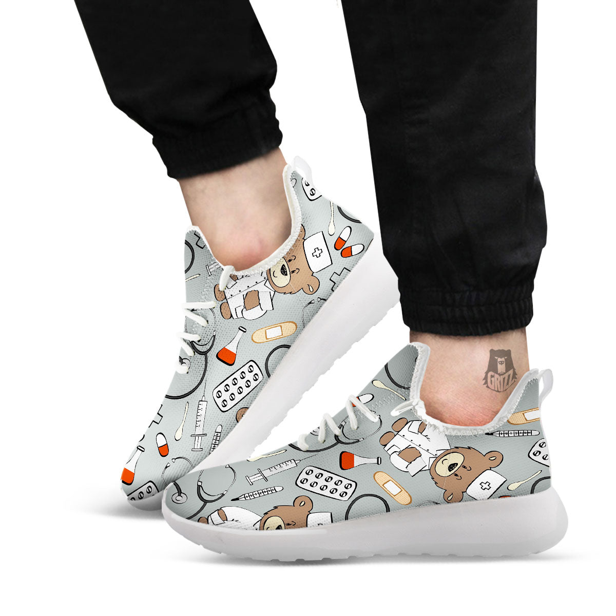 Silver Teddy Bear Nurse White Athletic Shoes-grizzshop