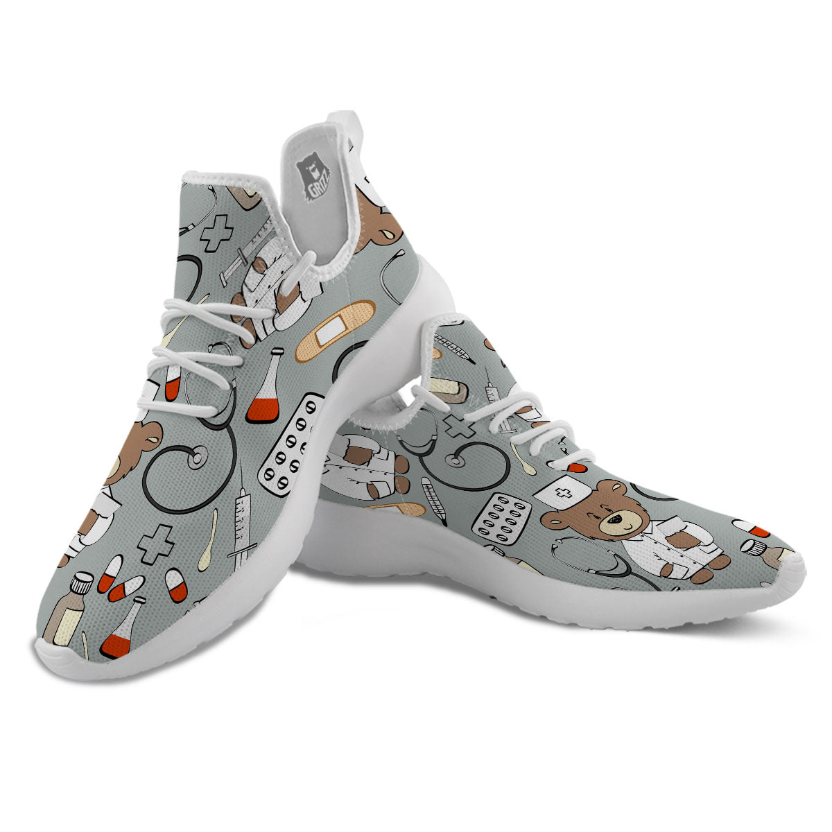 Silver Teddy Bear Nurse White Athletic Shoes-grizzshop