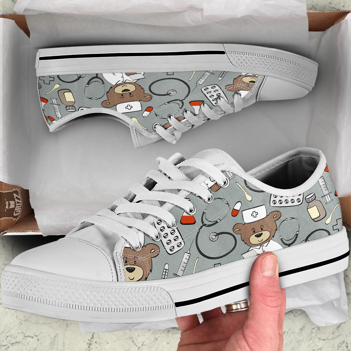 Silver Teddy Bear Nurse White Low Top Shoes-grizzshop