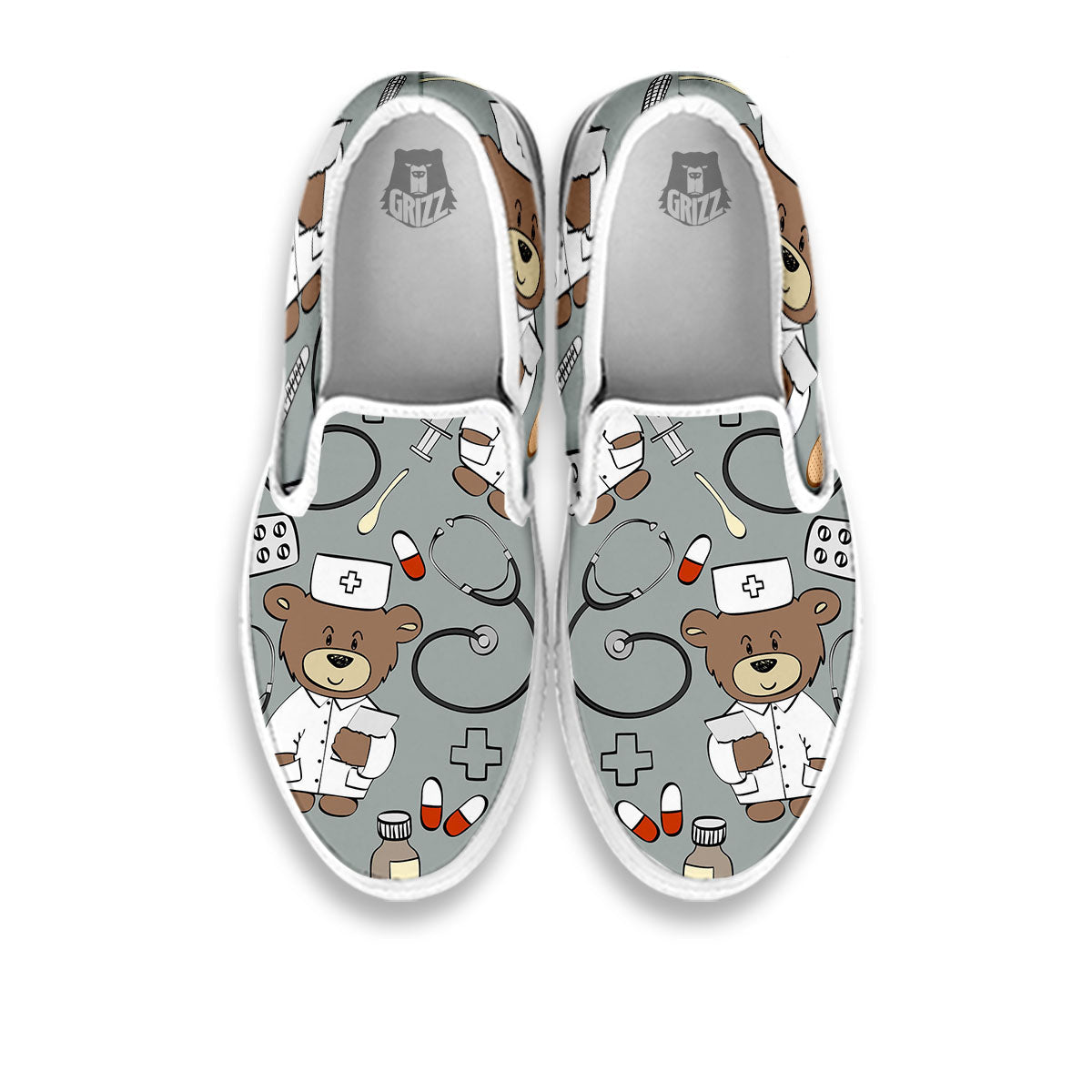 Silver Teddy Bear Nurse White Slip On Shoes-grizzshop