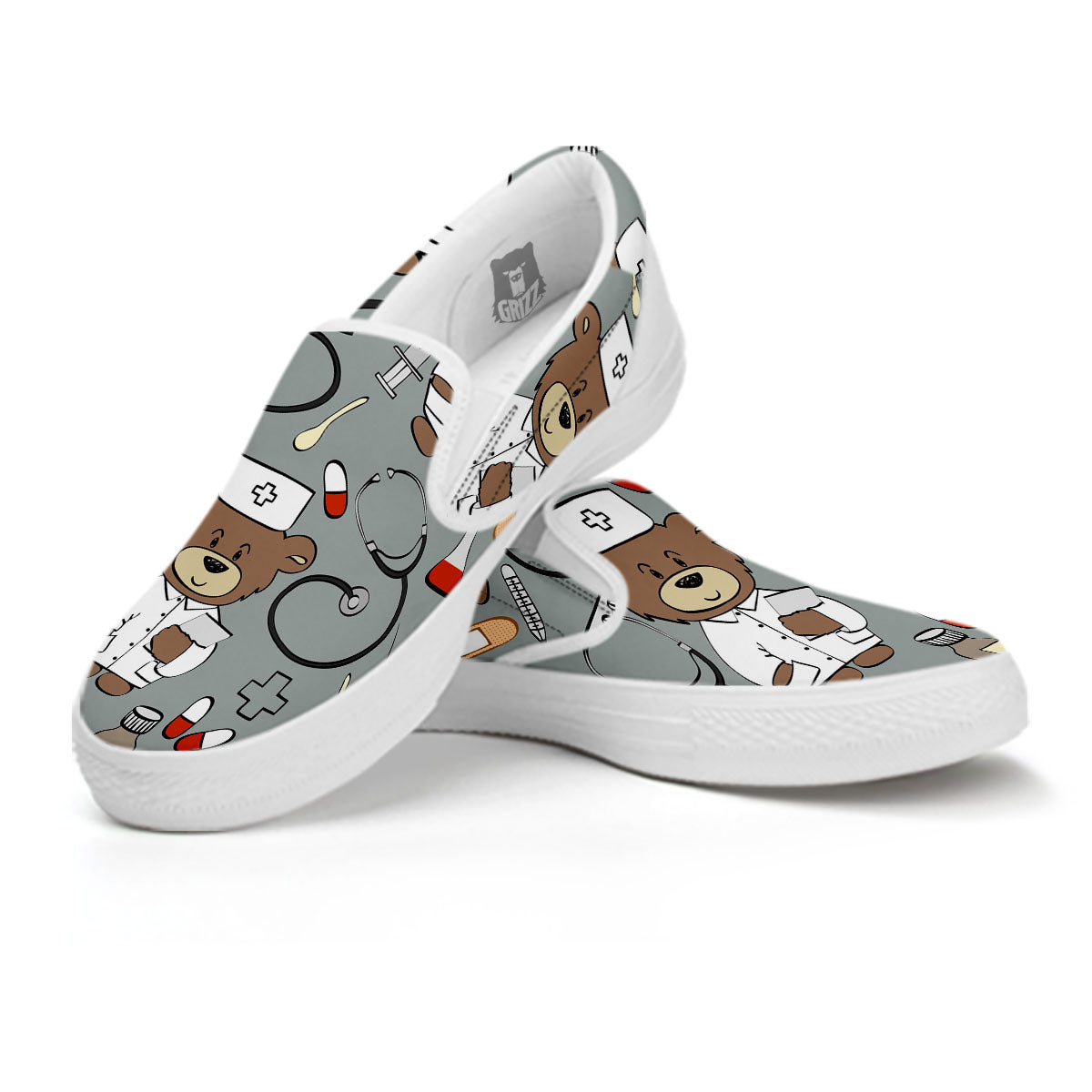Silver Teddy Bear Nurse White Slip On Shoes-grizzshop