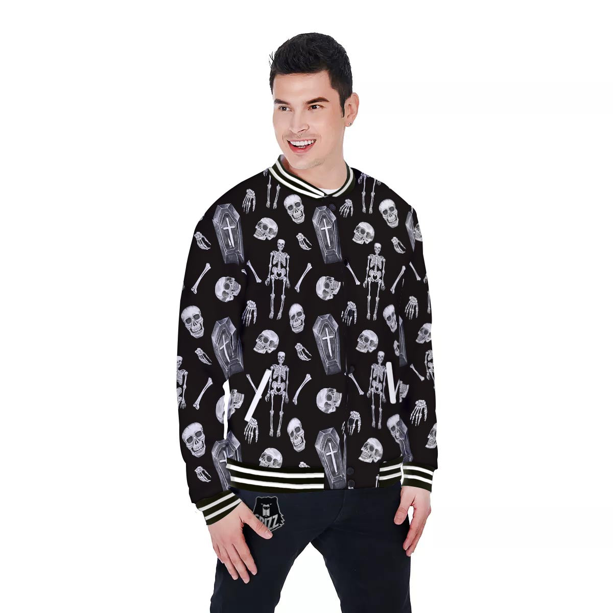 Skeleton And Tomb Print Pattern Baseball Jacket-grizzshop