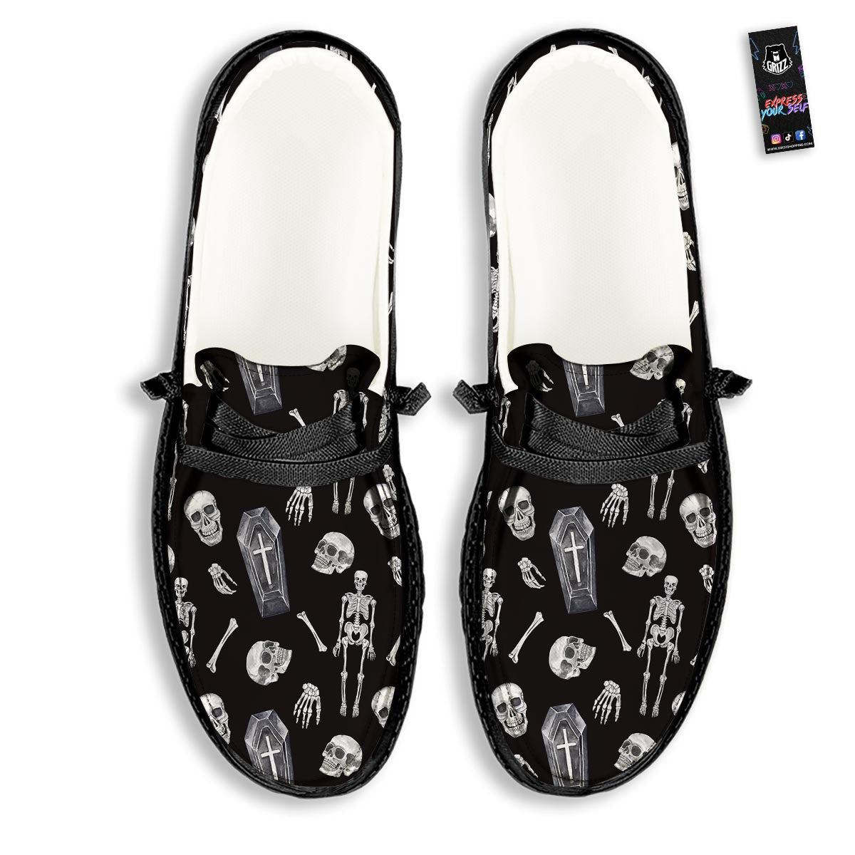 Skeleton And Tomb Print Pattern Black Loafers-grizzshop