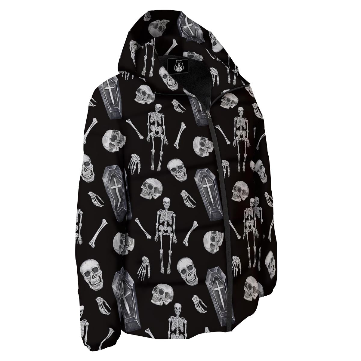 Skeleton And Tomb Print Pattern Down Jacket-grizzshop