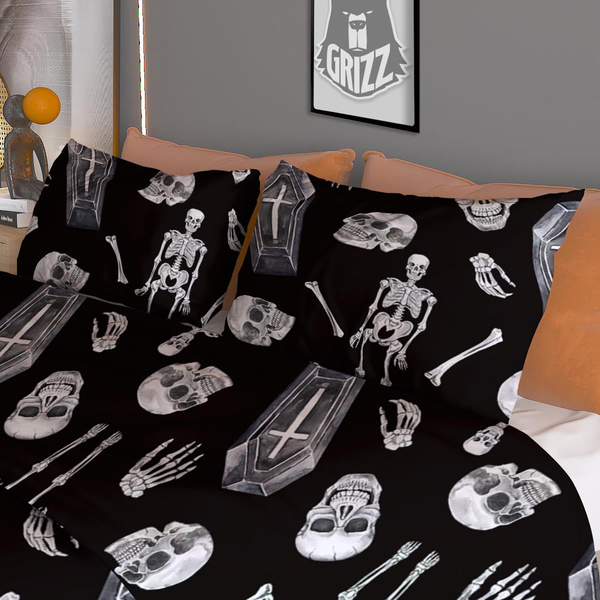 Skeleton And Tomb Print Pattern Duvet Cover Bedding Set