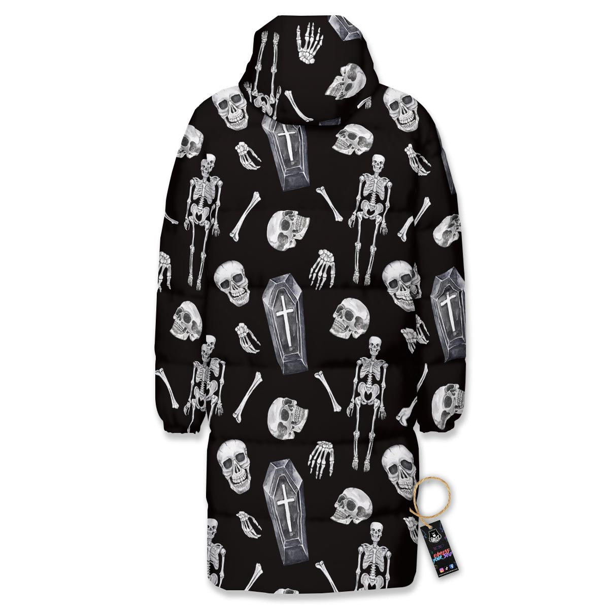 Skeleton And Tomb Print Pattern Long Down Jacket-grizzshop