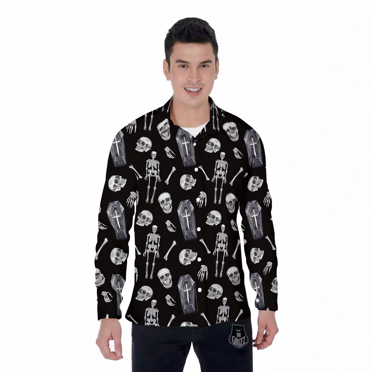 Skeleton And Tomb Print Pattern Men's Long Sleeve Shirts-grizzshop