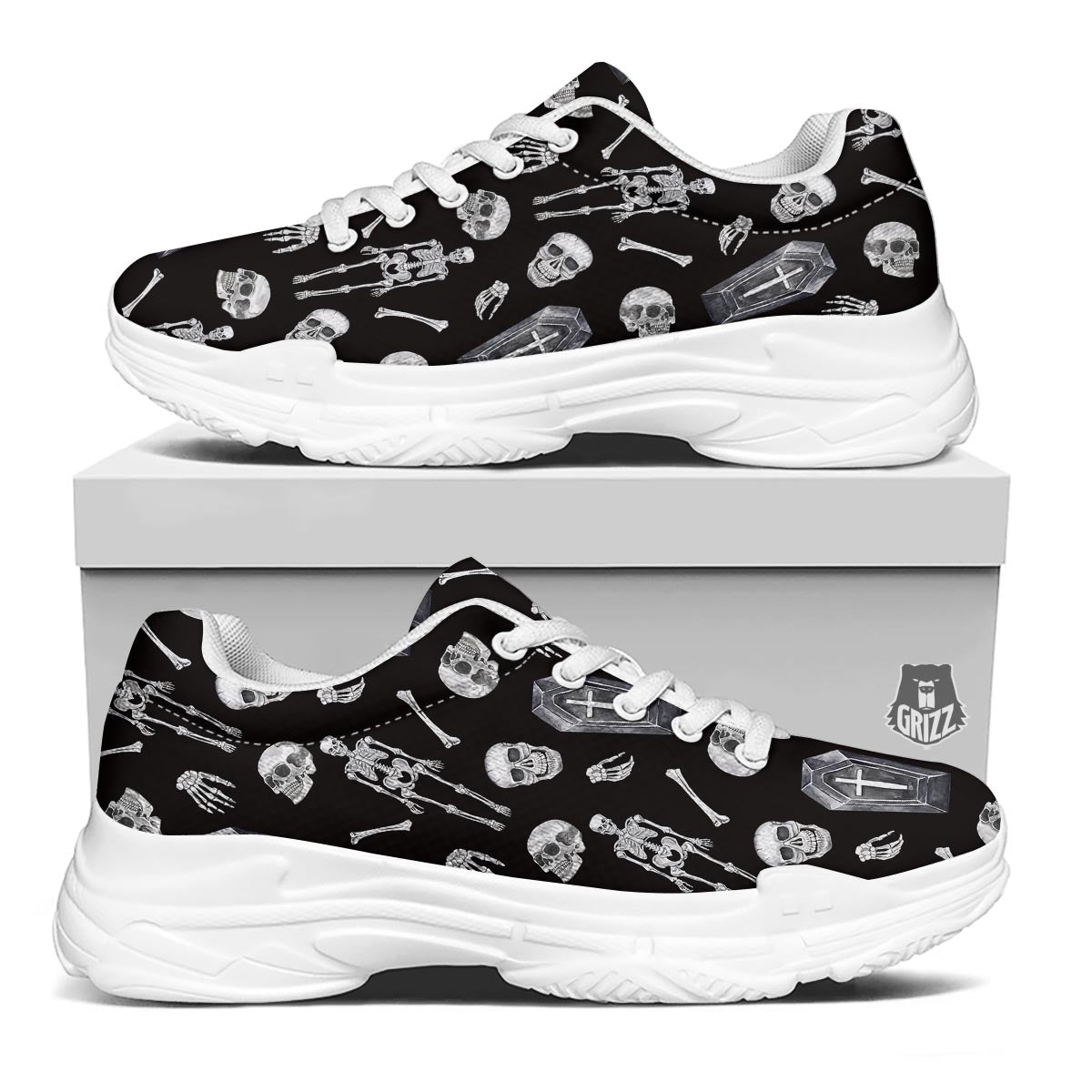Skeleton And Tomb Print Pattern White Chunky Shoes-grizzshop