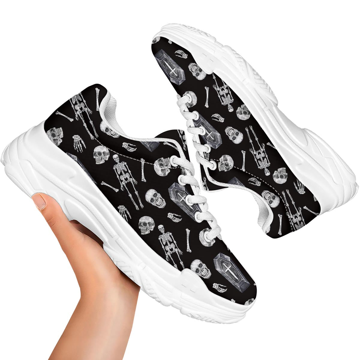 Skeleton And Tomb Print Pattern White Chunky Shoes-grizzshop