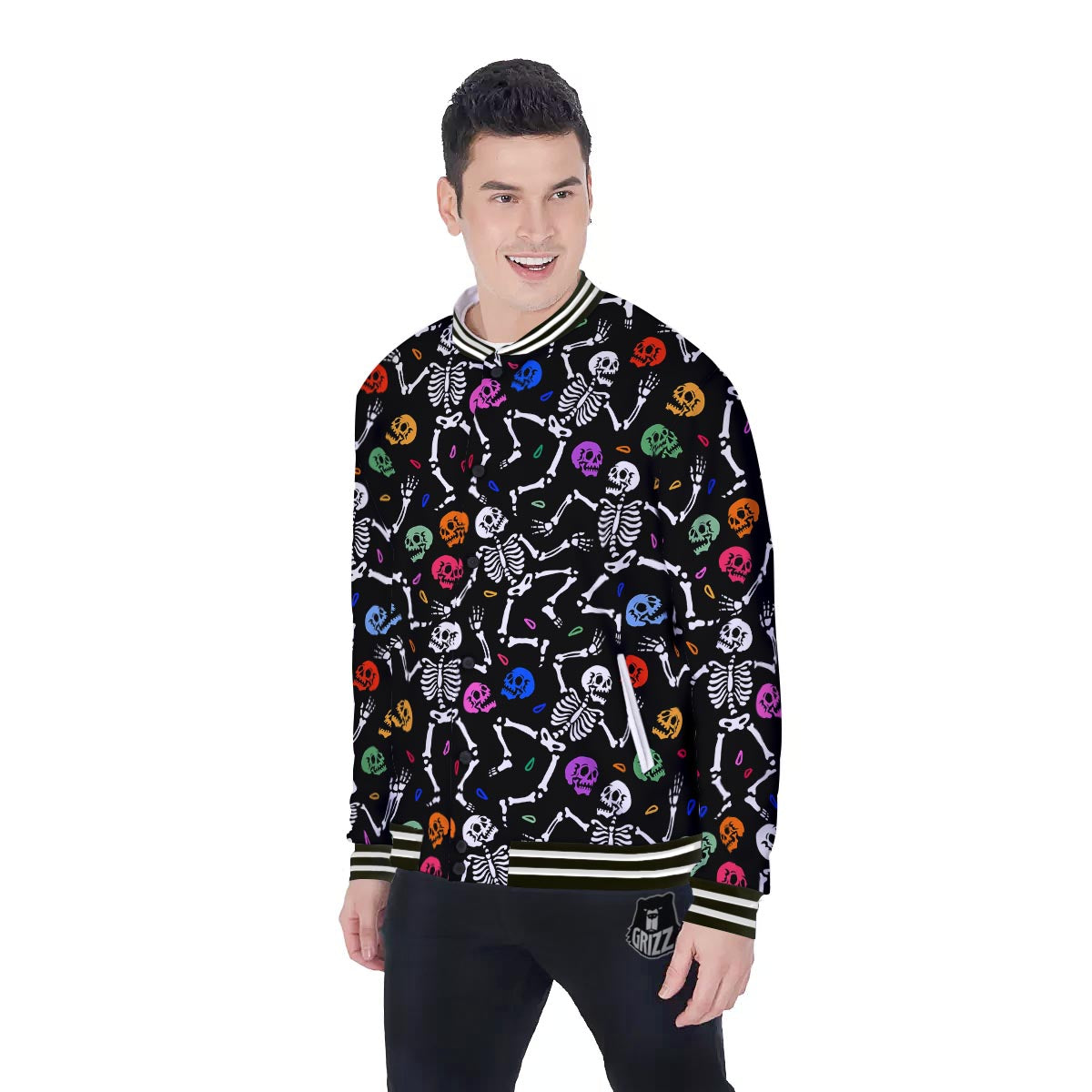 Skeleton Dancing Trippy Print Pattern Baseball Jacket-grizzshop