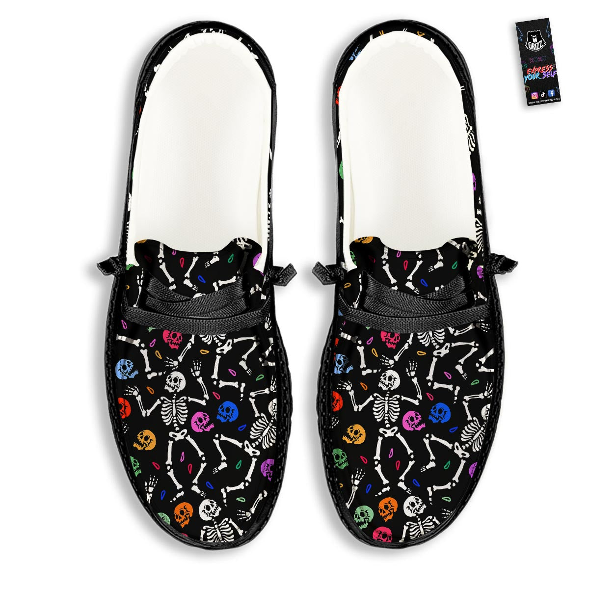 Skeleton Dancing Trippy Print Pattern Black Loafers-grizzshop