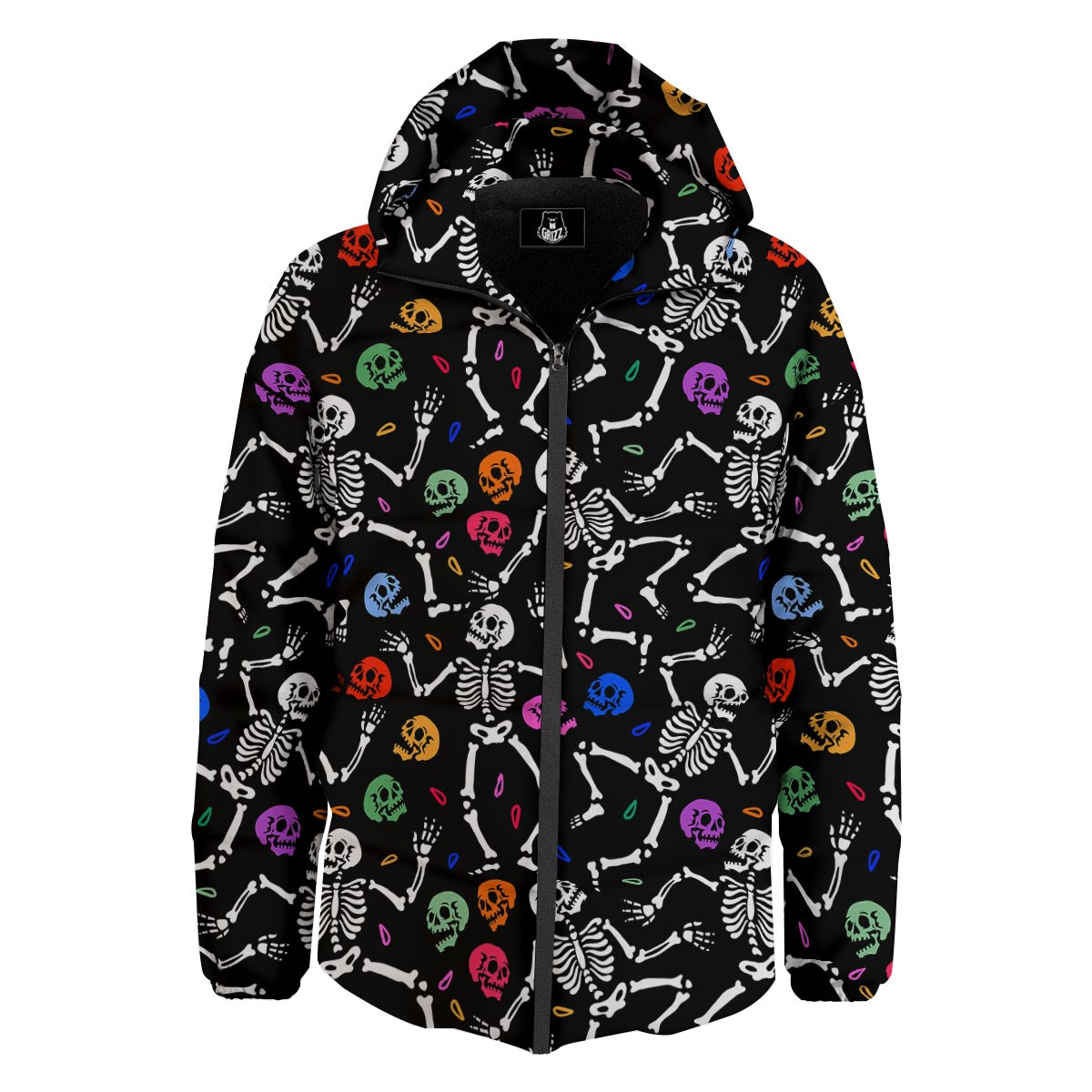 Skeleton Dancing Trippy Print Pattern Down Jacket-grizzshop