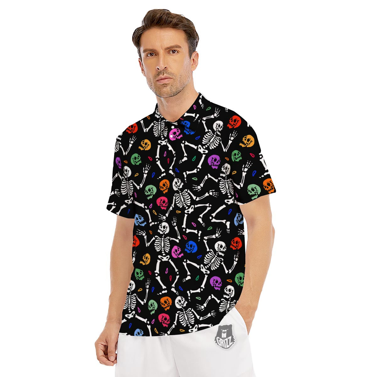 Skeleton Dancing Trippy Print Pattern Men's Golf Shirts-grizzshop