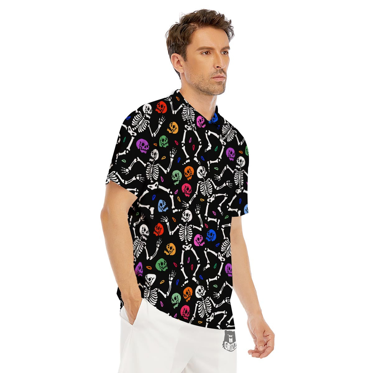 Skeleton Dancing Trippy Print Pattern Men's Golf Shirts-grizzshop