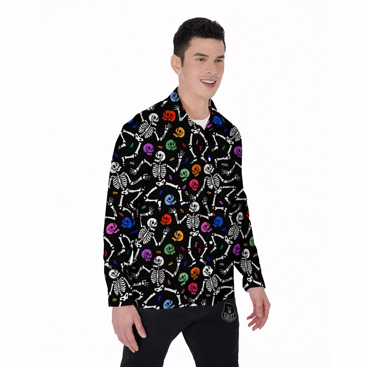 Skeleton Dancing Trippy Print Pattern Men's Long Sleeve Shirts-grizzshop