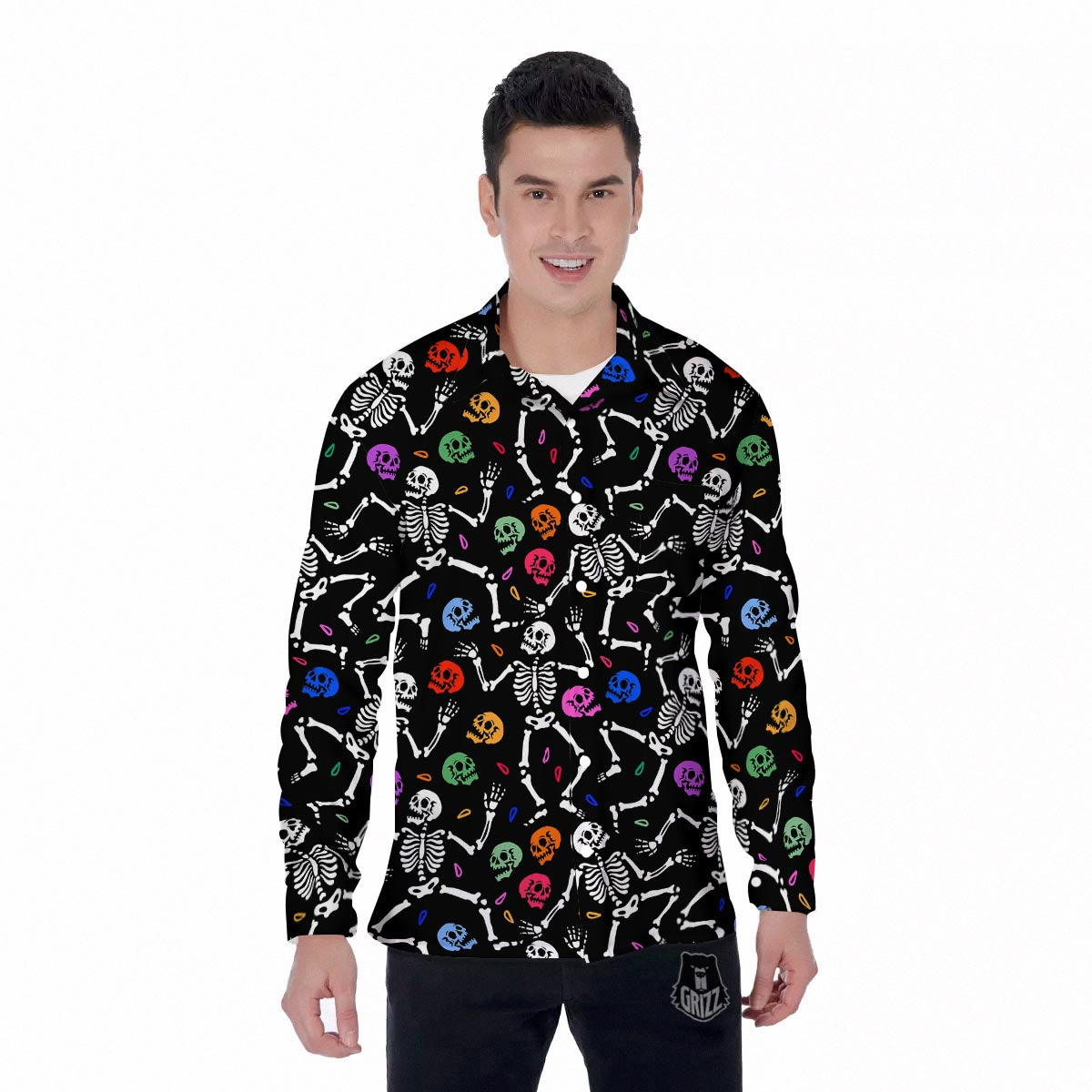 Skeleton Dancing Trippy Print Pattern Men's Long Sleeve Shirts-grizzshop