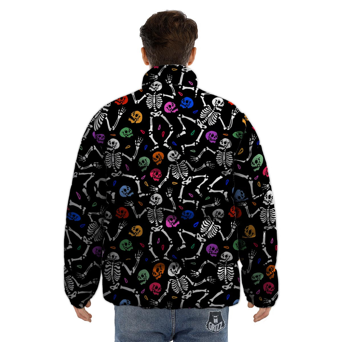 Skeleton Dancing Trippy Print Pattern Puffer Jacket-grizzshop