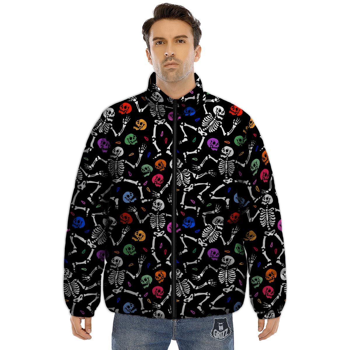 Skeleton Dancing Trippy Print Pattern Puffer Jacket-grizzshop
