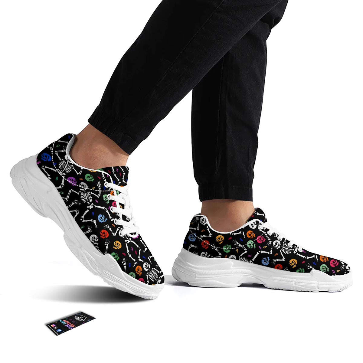 Skeleton Dancing Trippy Print Pattern White Chunky Shoes-grizzshop