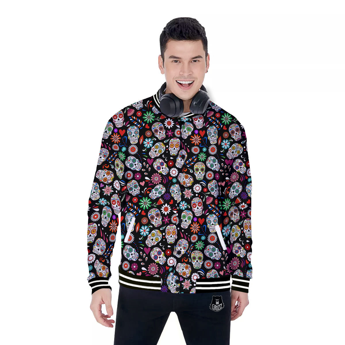 Skeleton Day Of The Dead Print Pattern Baseball Jacket-grizzshop