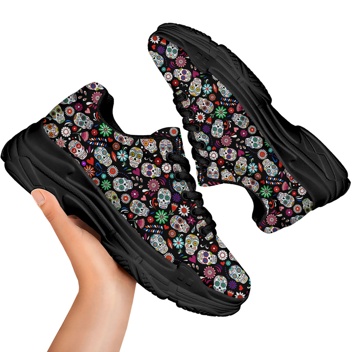 Skeleton Day Of The Dead Print Pattern Black Chunky Shoes-grizzshop