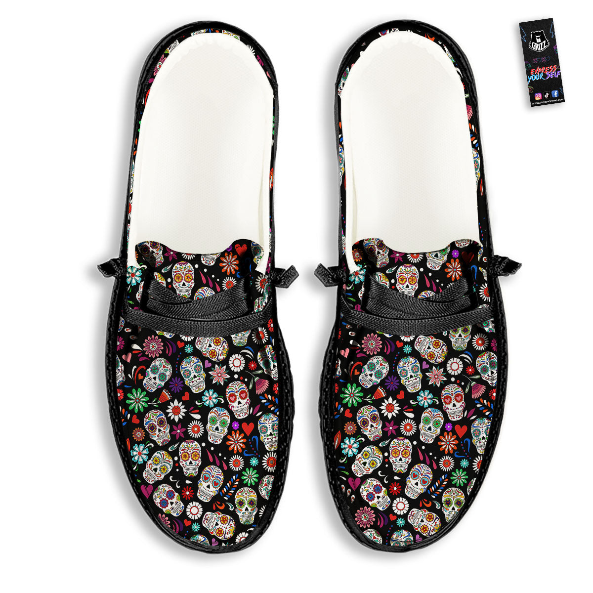 Skeleton Day Of The Dead Print Pattern Black Loafers-grizzshop