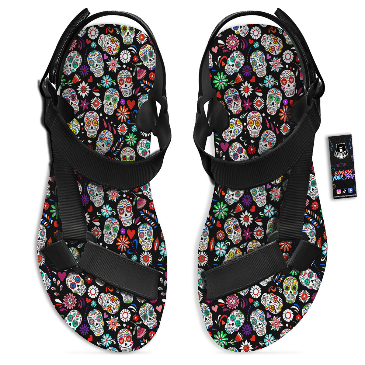 Skeleton Day Of The Dead Print Pattern Black Open Toe Sandals-grizzshop