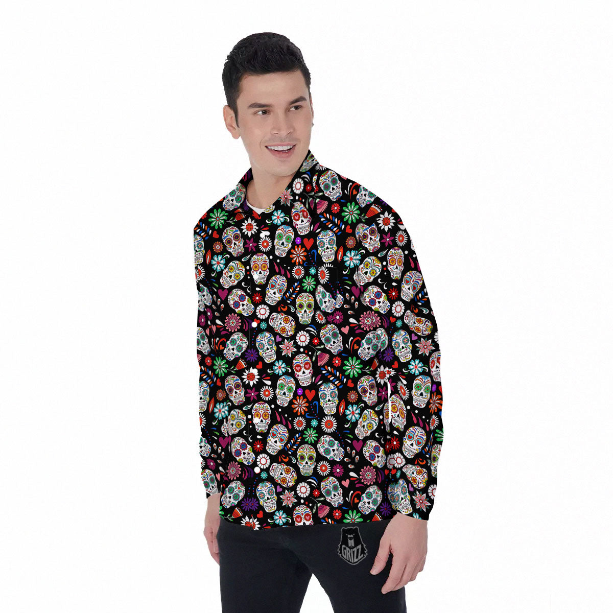 Skeleton Day Of The Dead Print Pattern Men's Long Sleeve Shirts-grizzshop