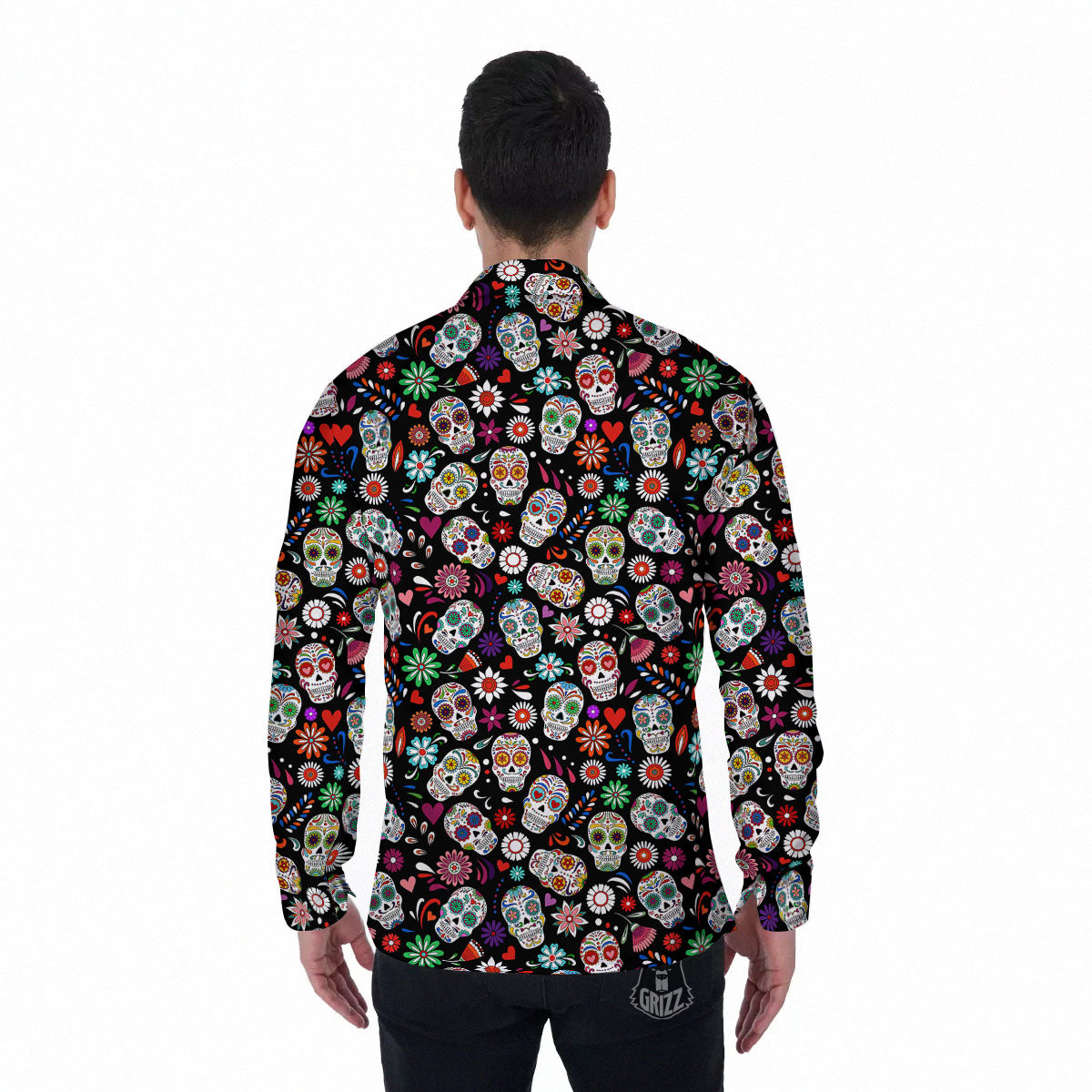 Skeleton Day Of The Dead Print Pattern Men's Long Sleeve Shirts-grizzshop