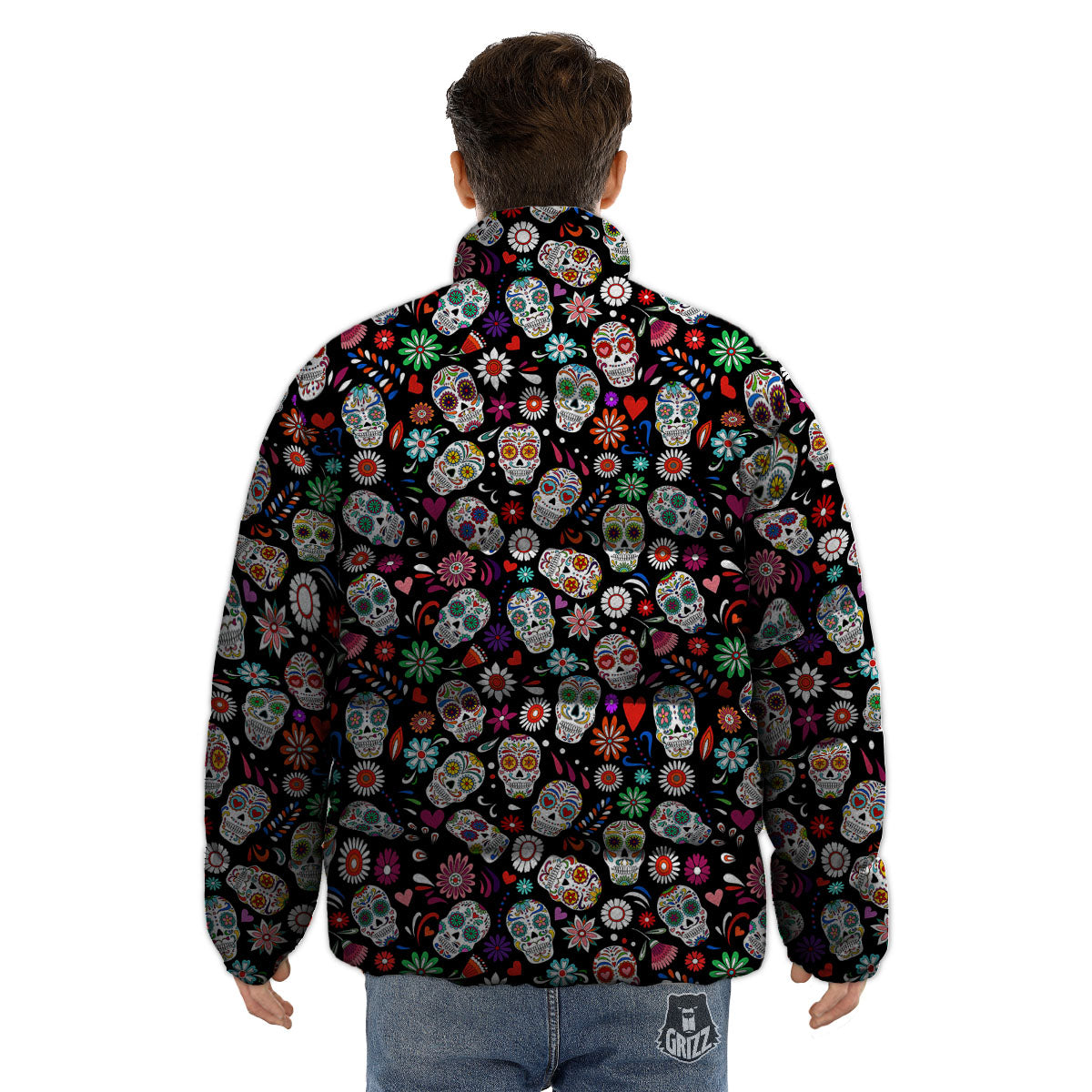 Skeleton Day Of The Dead Print Pattern Puffer Jacket-grizzshop