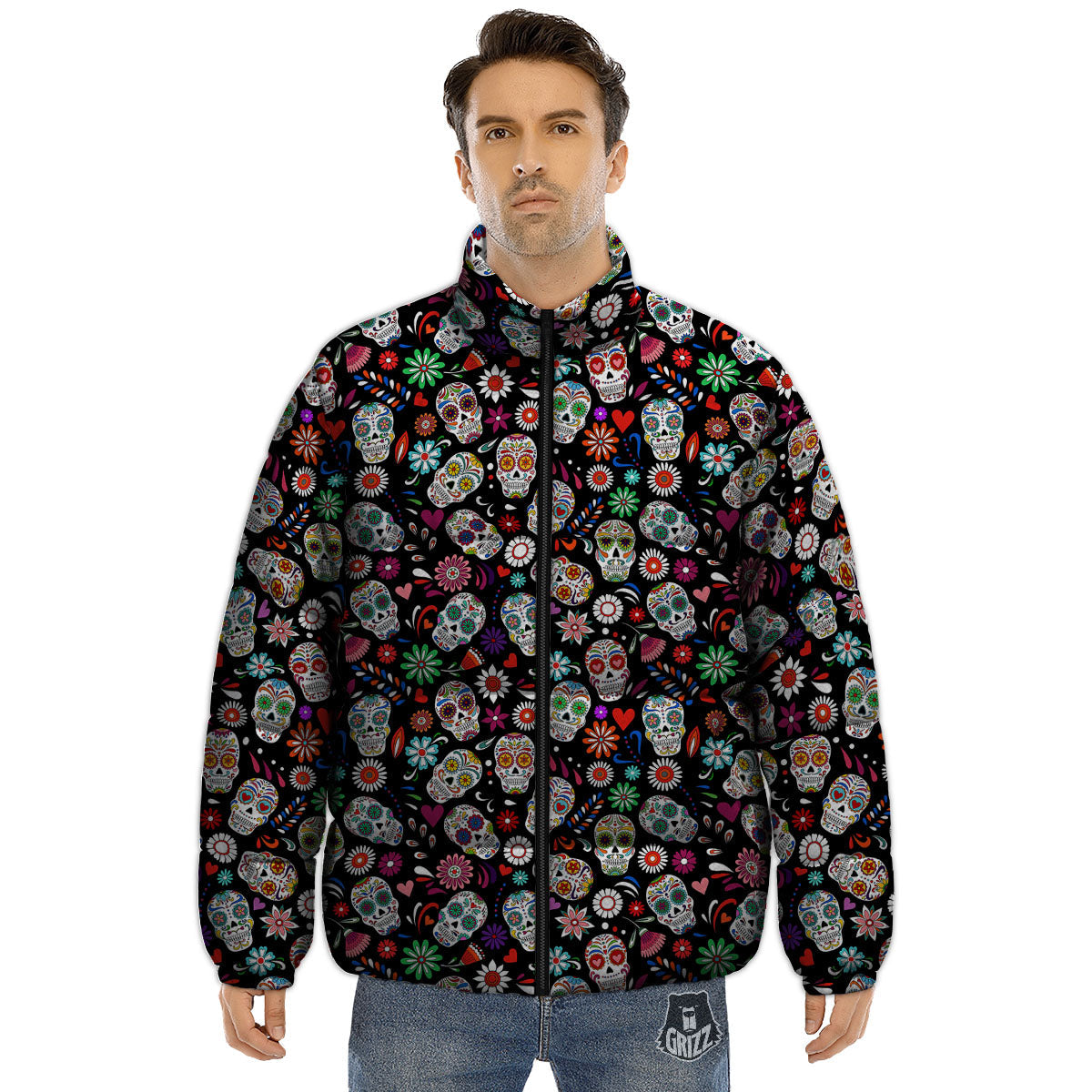 Skeleton Day Of The Dead Print Pattern Puffer Jacket-grizzshop