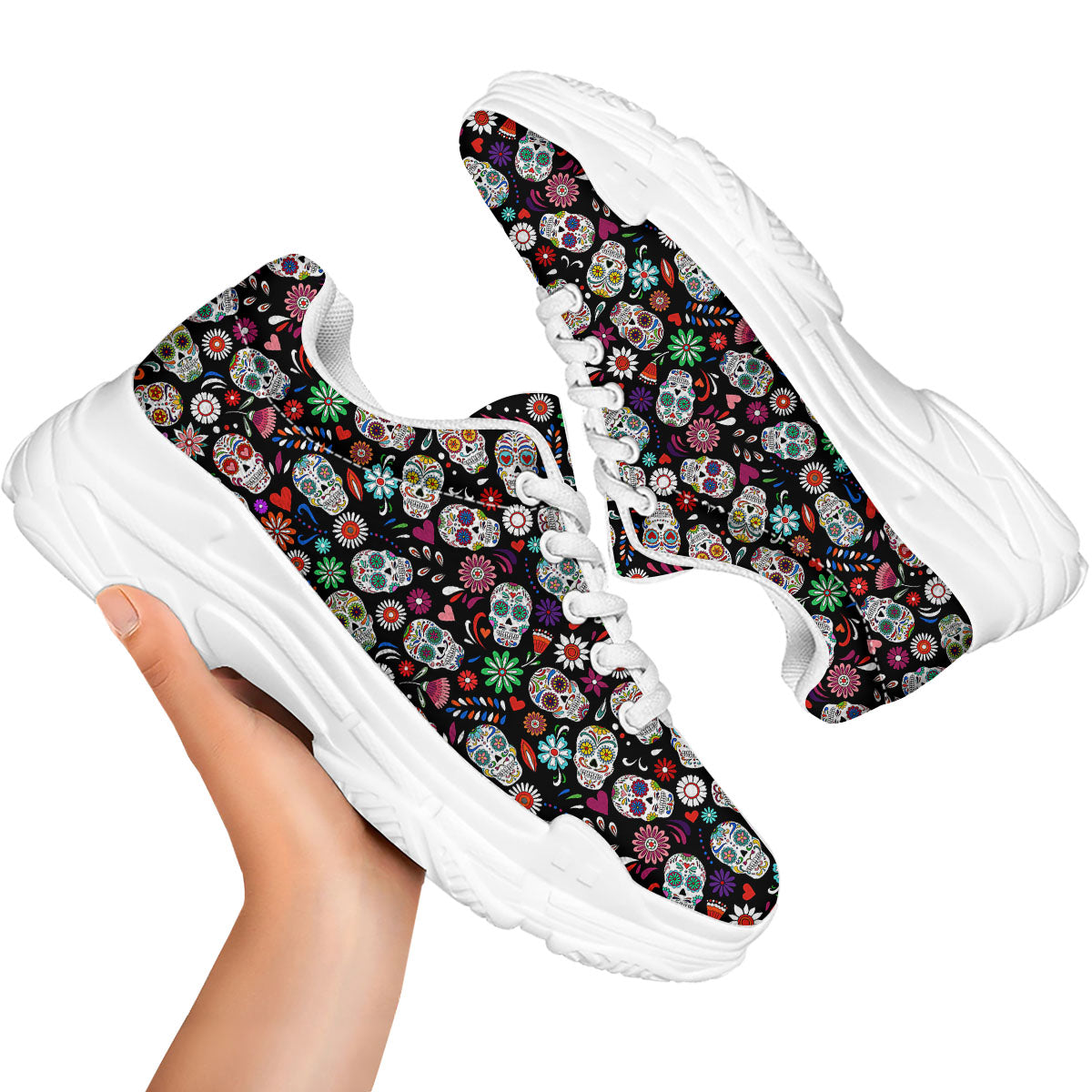 Skeleton Day Of The Dead Print Pattern White Chunky Shoes-grizzshop