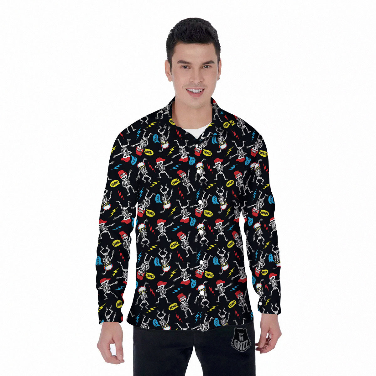 Skeleton Party Fun Print Pattern Men's Long Sleeve Shirts-grizzshop